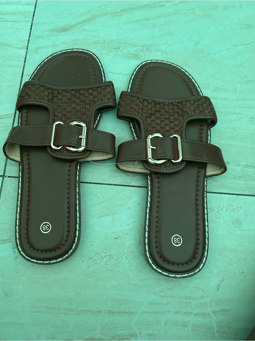 Palm Angels Brown Woven Double-Strap Slide Sandals with Silver Buckles
